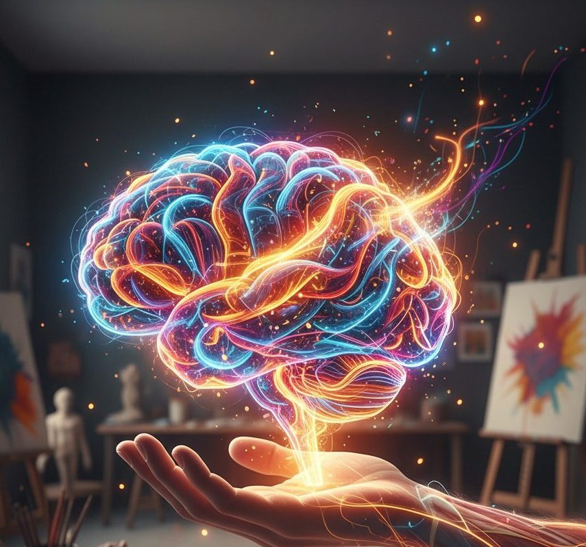 Una mano sostiene un cervello luminoso e colorato sospeso nell'aria all'interno di uno studio d'arte.