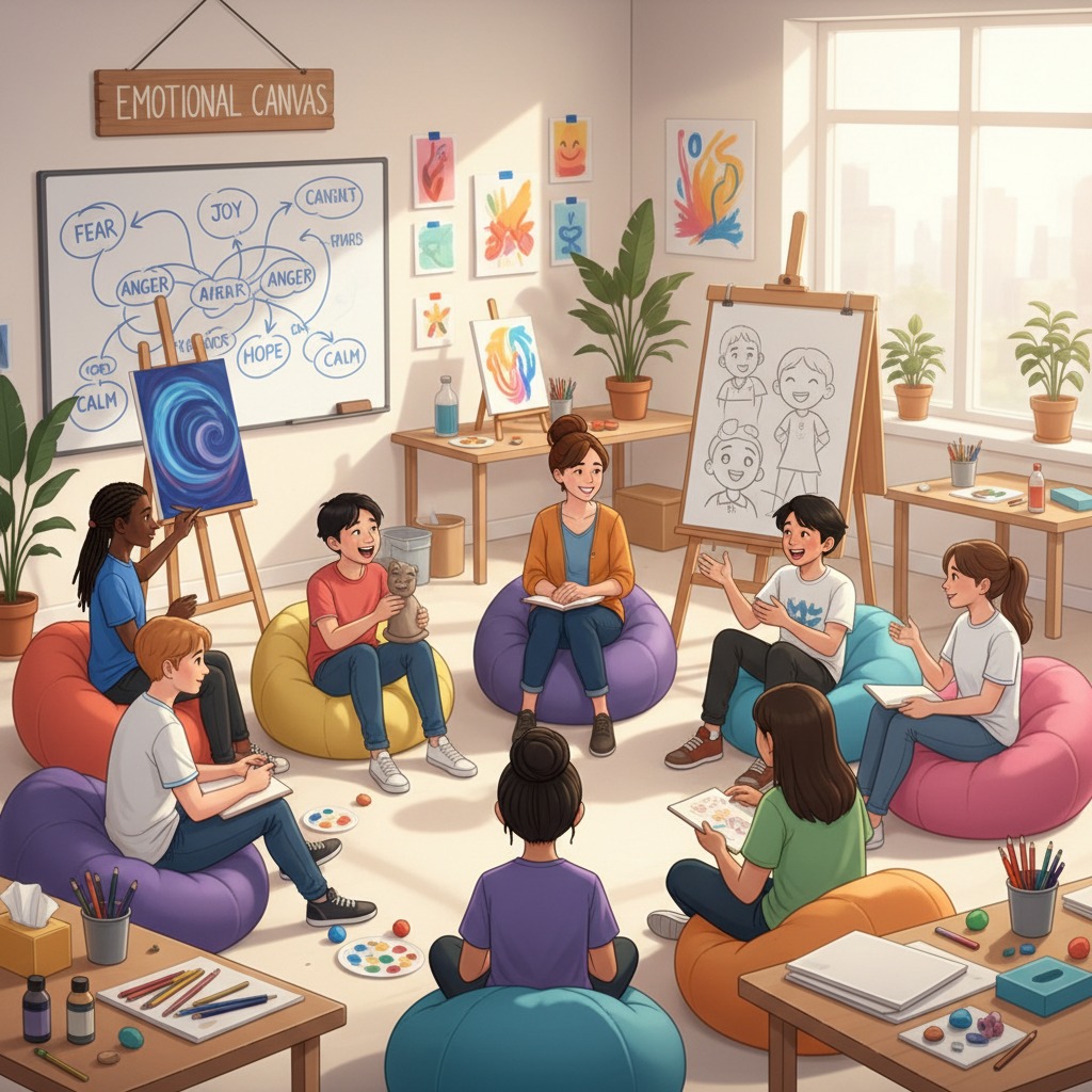 Un gruppo di bambini e un'insegnante siedono su poltrone a sacco in un'aula luminosa e colorata, chiacchierando e disegnando insieme.