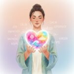 Un'illustrazione ad acquerello di una donna che tiene tra le mani un cuore luminoso pieno di simboli emotivi circondato da parole che esprimono stati d'animo.