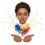 Una giovane donna tiene tra le mani un cuore di vetro trasparente che contiene vortici di pittura colorata blu, gialla, verde e rossa.