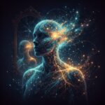 Una figura umana traslucida con reti neurali luminose e scintille dorate che si riflette in uno specchio incrinato su sfondo scuro.
