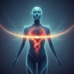 Una figura umanoide luminosa con un flusso di energia rossa e arancione nel petto e linee di luce blu intorno al corpo.