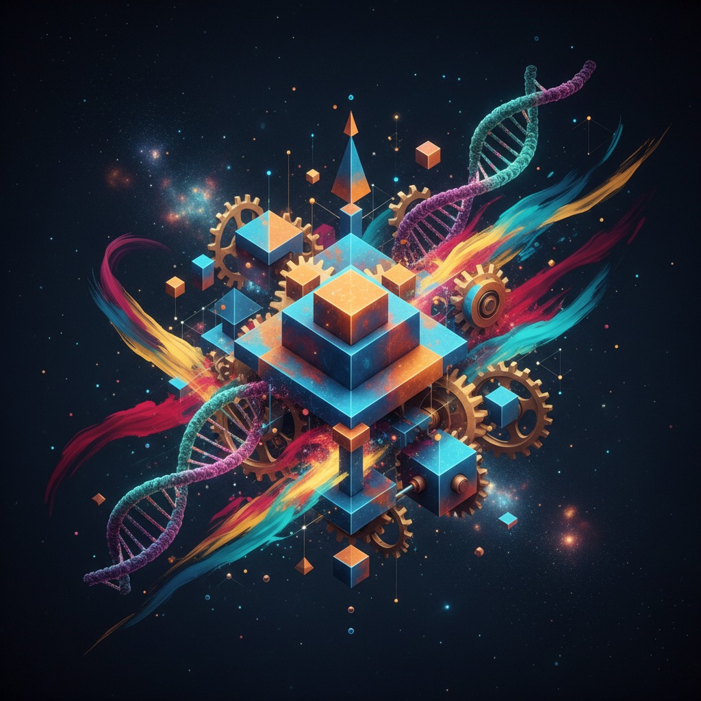 Un'illustrazione astratta e futuristica che combina cubi geometrici blu e arancioni, ingranaggi dorati e filamenti di DNA su uno sfondo scuro stellato.