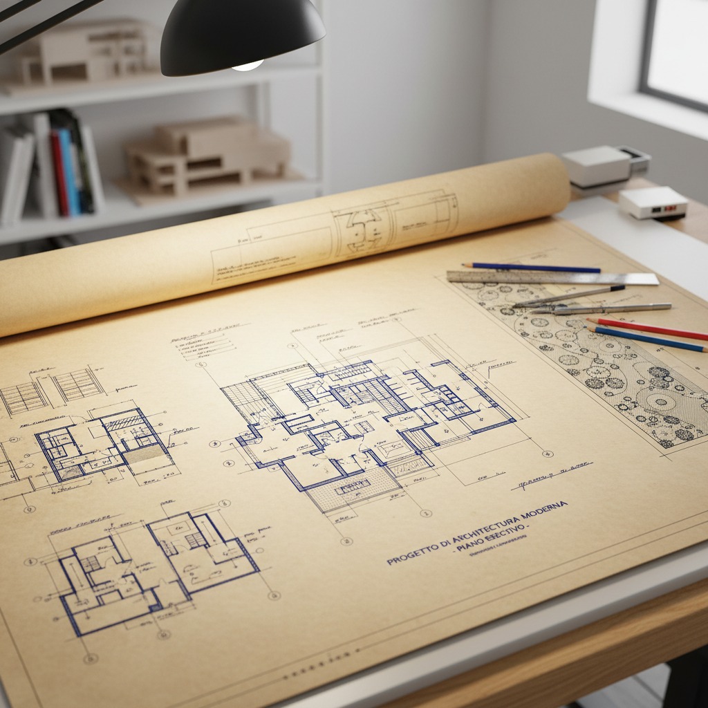 Un grande foglio con progetti e piante architettoniche aperto su una scrivania in legno, con una lampada da tavolo accesa e matite colorate.
