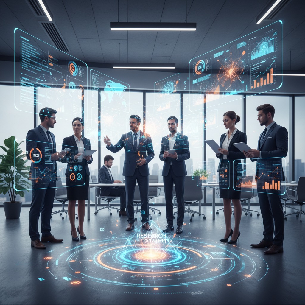 Un team di professionisti in abiti formali analizza dati aziendali visualizzati tramite ologrammi digitali interattivi in una sala riunioni moderna con pareti vetrate.